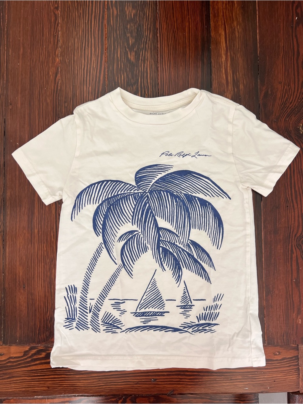 Polo by Ralph Lauren White Tee with Navy Palm Tree & Sailboat Graphic